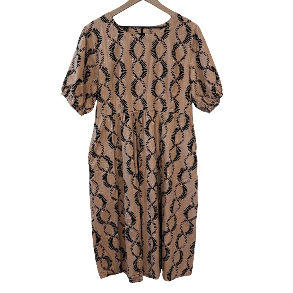 Mata Traders Pink Black Cotton Short Puff Sleeve Midi Babydoll Dress Size XL